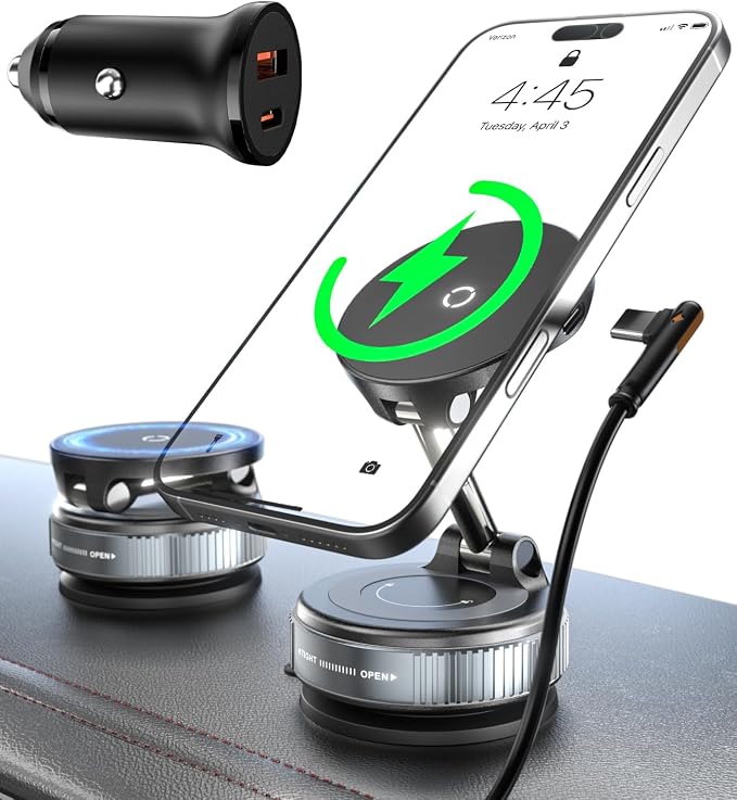 CloudValley 15W Fast Wireless Charger Car Phone Mount Charger with Type-C Fast Car Charger, Vacuum Suction Cup Magnetic Phone Holder Design for MagSafe iPhone 17 Pro Max 16-12 Series,Pixel 10 Pro XL by CloudValley