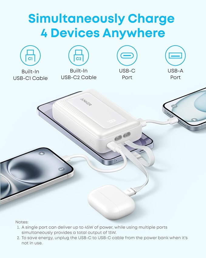 Anker Power Bank,20,000mAh 45W Portable Charger,Dual Built-in USB-C Cables | 20,000mAh Battery Pack with Dual Built-In Cables, USB-C and USB-A Ports, for iPhone 17 / 16 Series, Galaxy, MacBook, and More - Image 7