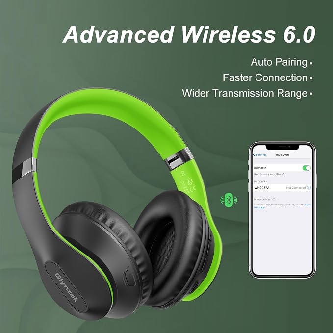 Wireless Bluetooth Headphones Over Ear V6.0 HiFi Stereo with Mic | 65H Playtime 6EQ Modes Foldable Bluetooth Headset with Microphone for Travel Smartphone Computer Laptop Green - Image 7