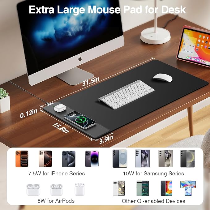Magnetic Wireless Charging Mouse Pad, 31.5"x15.8", with 20W Adapter, Black | Large Gaming Desk Mat for Keyboard/Laptop, Non-Slip Base, Waterproof Ultra-Smooth Surface Mousepad for Gamer, Office & Home - Image 3