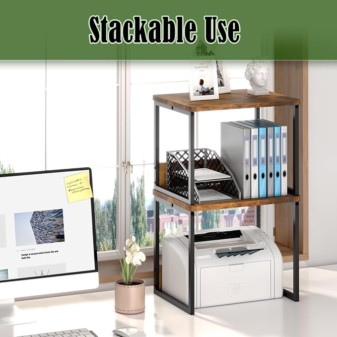 MARTY Desktop Printer Stand 2 Pack Printer Shelf for Desk Home/Office,Brown | Small Printer Stand for Desk, Printer Riser with Storage, Monitor Riser, Under Desk Small Table for Fax Machine Scanner - Image 2