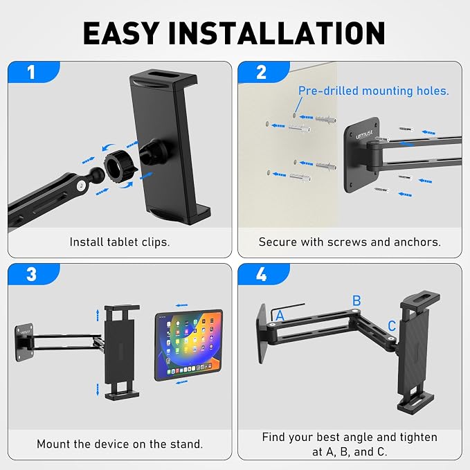Dual Arm Tablet Wall Mount Ipad Holder, 4.7-13" | 360° Rotation Adjustable, Aluminum Extendable Arm, For iPad mini/Air/Pro/Galaxy Tab/Kindle, Kitchen Home Office - Image 8
