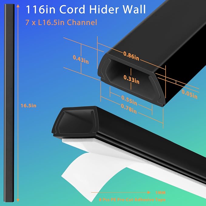 116in Wall Cable Hider Kit, Cord Organizer Hide 1-2 Cords Wall Mounted TV | YCLYC TV Wire Hider for Wall, Paintable Cord Hider Wall, Wire Cover for Wall, Cord Concealer 7X L16in W0.86in H0.43in, Black - Image 2