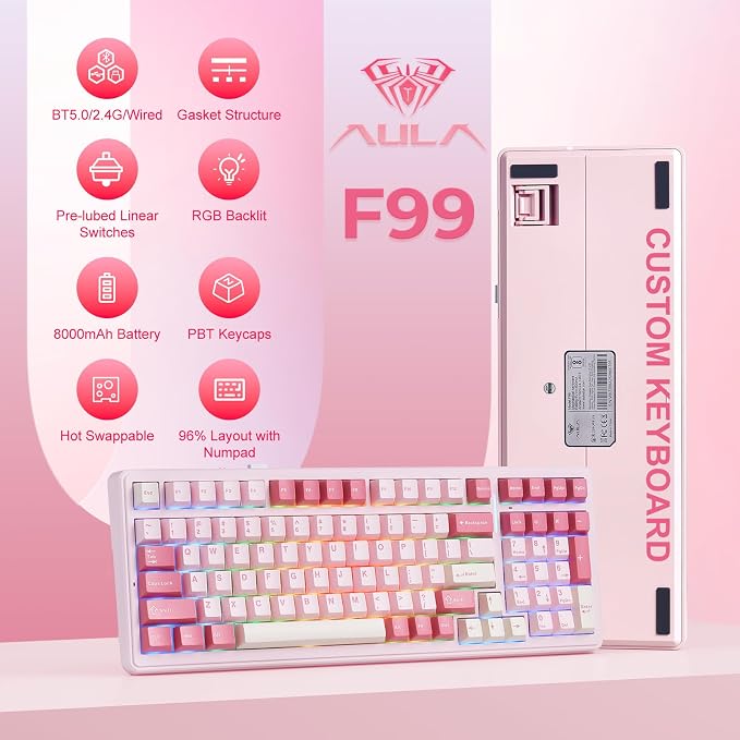Aula F99 Pink Mechanical Keyboard,Wireless Gaming Keyboard Creamy | Tri-Mode BT5.0/2.4GHz/USB-C Computer Keyboard,Hot Swappable Custom Full Size Keyboard,Strawberry Mint Switch Creamy Sound - Image 2