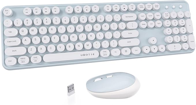 UBOTIE Colorful Wireless Keyboard and Mouse Combo (Green-White) | Retro Typewriter Floating Full-Sized Keys Computer Keyboard with Optical Mouse, 2.4GHz USB Connection for Windows Mac by UBOTIE