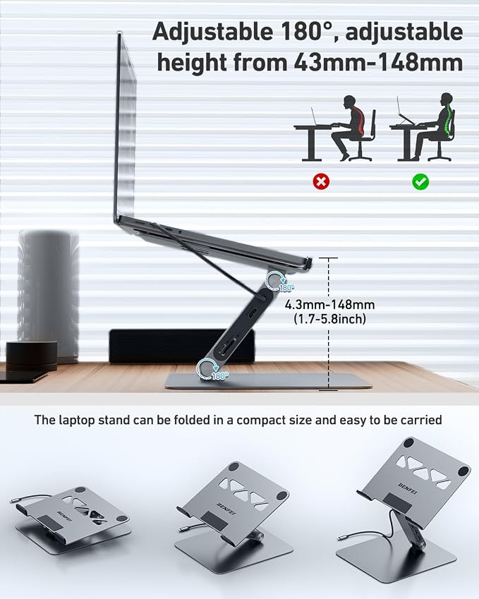 BENFEI Laptop Stand with USB C 7in1 Docking Station,HDMI 4K@60Hz,1*SD 1*Micro SD,100W Power Delivery,10Gbps 1*USB C 3.2 and 2*USB A 3.2 Compatible with MacBook Pro/Air, iPad Pro, XPS, Thinkpad - Image 7