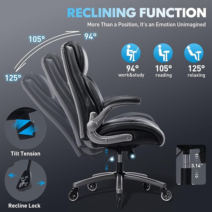 MALOL Ergonomic High-Back Executive Office Chairs, Heavy Duty Home Computer Chair with Lumbar Support, Flip-Up Arms, and PU Leather Upholstery, Black - Image 4