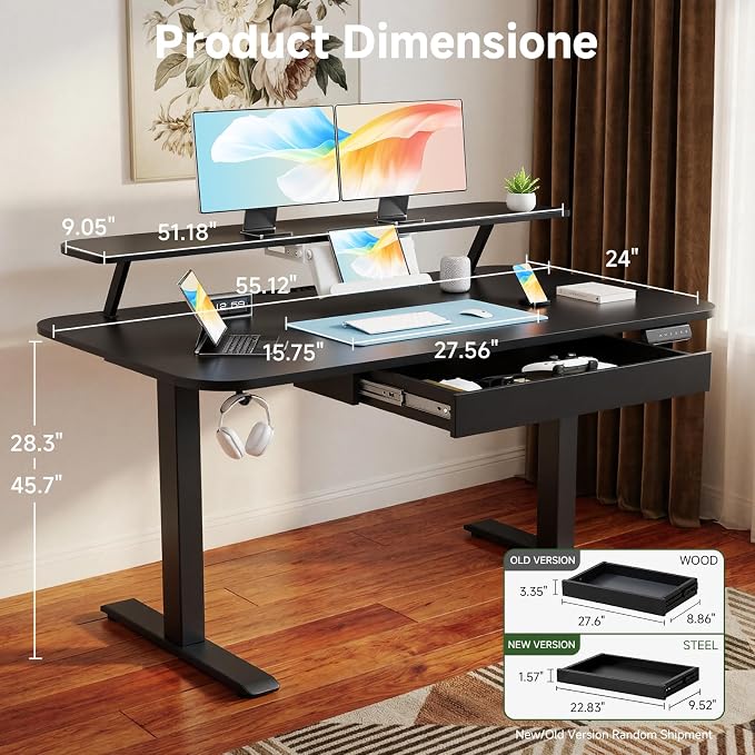 GTPLAYER Electric Standing Desk with Drawers, 55 x 24 Inches Height Adjustable Computer Desk with Monitor Stand, Laptop Stand, Home Office Sit Stand Up Desk with Memory Preset, Black - Image 2