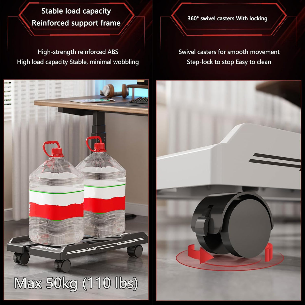Adjustable Ventilated CPU Stand on Wheels: Mobile PC Tower Floor Cart with 4 Locking Caster Wheels, Universal Rolling Computer Holder & Under Desk Riser for Gamers, Students, Home Office (White) - Image 4