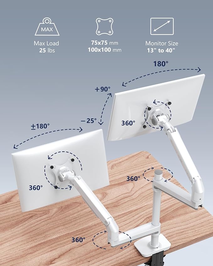Ergounion White Monitor Arm, Vertical Stacked Stand for 2 Screens up to 40" | Solid aluminum holds 25 lbs/arm, no sagging. +90°/-25° tilt, 180° swivel, 360° rotation. VESA 75/100. With Cable management - Image 6