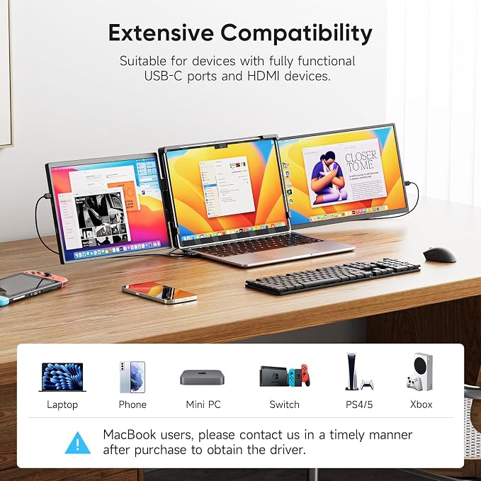 14" FHD 1200P IPS Laptop Screen Extender Fits 14"-17.3" Laptops | Triple Portable Monitor for Laptop, Plug & Play Dual Screen Compatible with Win, Mac, Android&Chrome OS - Image 4
