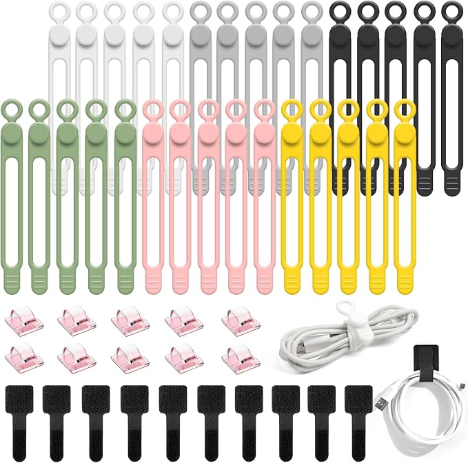 50Pcs Cord Organizer Kit, Reusable Silicone Cable Ties, Strong Adhesive Cable Clips for Cable Management, Multipurpose Wire Management for Bundling and Fastening Various Wires (6 Colors) by OneLeaf