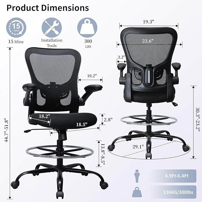 Drafting Chair, Ergonomic Tall Office Chair for Standing Desk, Counter Height Desk Chair with Adjustable Padded Armrests and Footrest Ring Standing Desk Chair Adjustable Height with Lumbar Support - Image 3