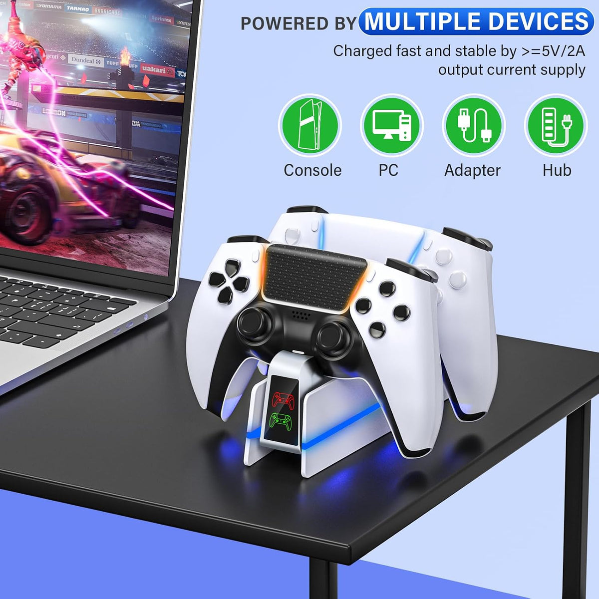 PS5-Controller-Charger-Station - Charging Station for PlayStation 5 Dualsense/Edge Controller with 9 Color Led Light, Fast Charging Dock & Holder Stand for PS5/Slim/Pro Remote - Whole White - Image 7