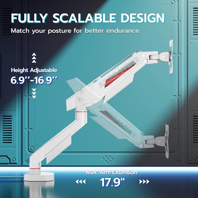 ARES WING 17-40 Inch Heavy Duty Single Monitor Arm with USB, White | Fully Adjustable Monitor Mount for Flat Curved Ultrawide Screens Up to 26.5lbs, C-Clamp & Grommet Base, 75/100 Vesa Mount - Image 4