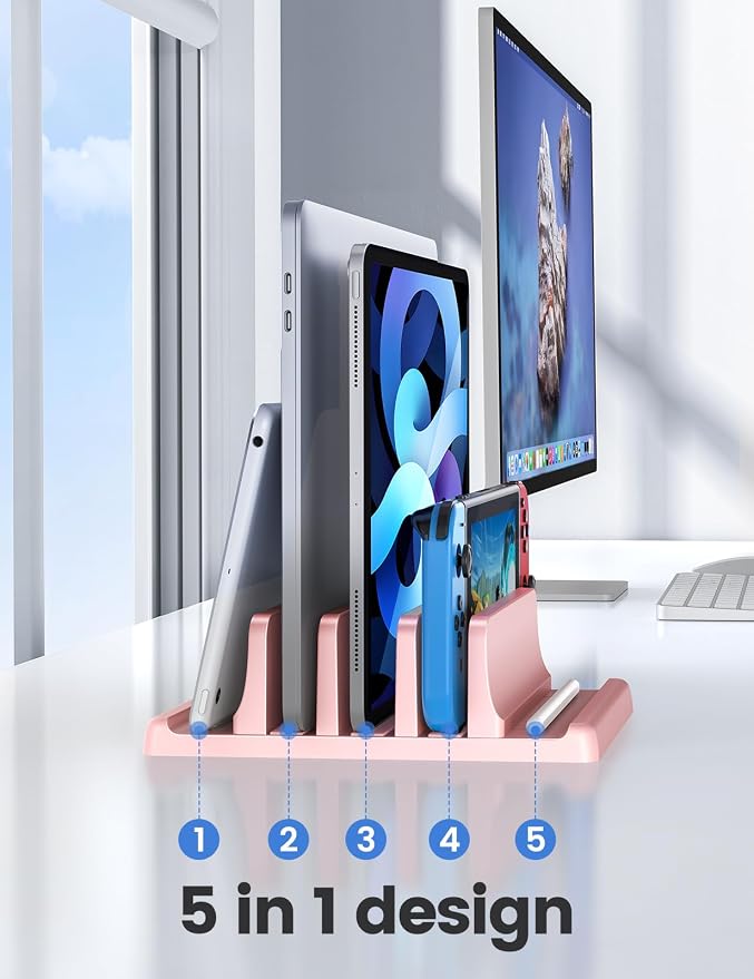 Vaydeer 3-Slot Vertical Laptop Stand Made of Premium ABS Plastics 5 in 1 Design Space-Saving Adjustable Desk Organizer for All MacBook/Chromebook/Surface (Pink) - Image 3