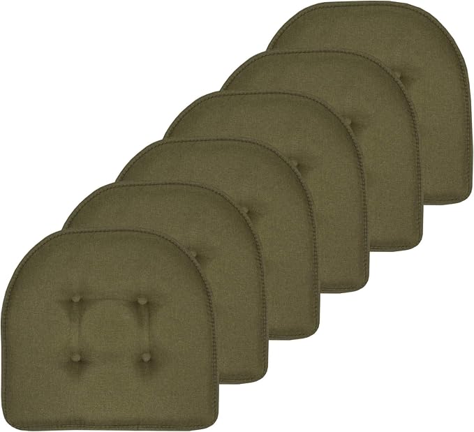 Sweet Home Collection Chair Cushion Memory Foam Pads Tufted Slip Non Skid Rubber Back U-Shaped 17" x 16" Seat Cover, Army Green 6 Count by SweetHomeCollection