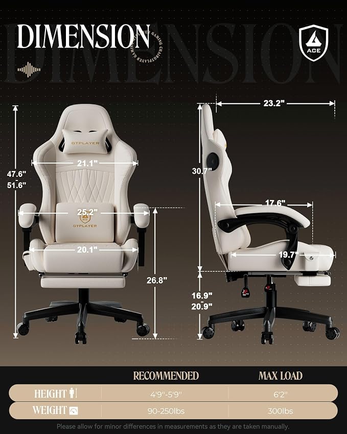 GTPLAYER Gaming Chair with Speakers, Video Game Chairs with Footrest, PC Gamer Chairs for Adults - Padded High Back Ergonomic Reclining Silla Gamer, Linkage Armrest, Ace Pro, Ivory - Image 3