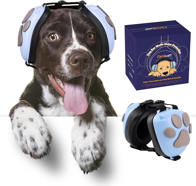 Dog Ear Muffs Noise Protection - 32dB NRR Noise Cancelling Headphones | Upgraded Calming Earmuffs for Hearing Protection, Thunder, Fireworks & Hunting with Dog Paw Design (M, Light Blue-Gray) by Famikako