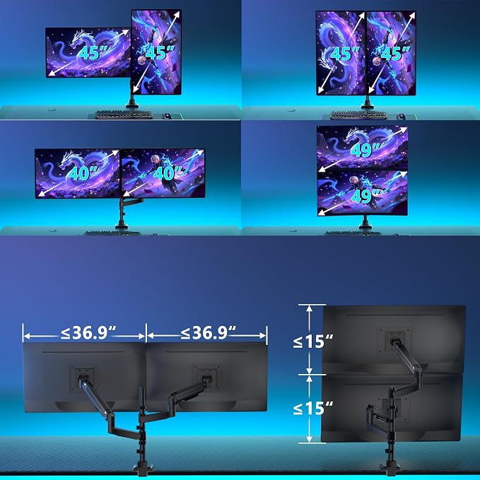 WALI Vertical Dual Monitor Arm for 13-49 inch Curved Screens, up to 44 lbs | Heavy Duty Stacked Ultrawide Monitor Arm, Full Motion with Tilt, Swivel, Rotation, C-Clamp & Grommet Base, VESA 75/100mm - Image 2