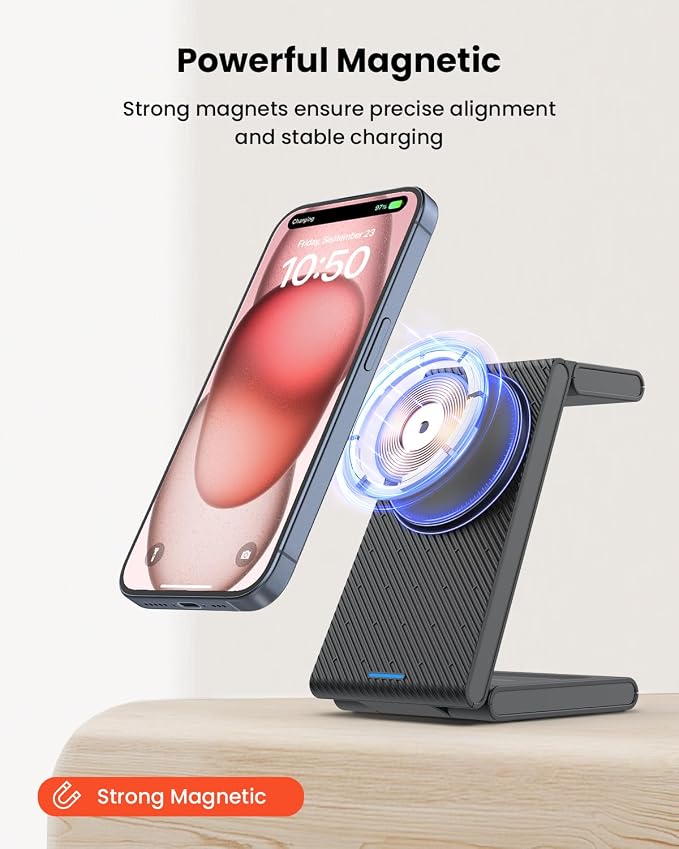 GEEKERA 3 in 1 Wireless Charging Station for Magsafe, Foldable Magnetic Wireless Charger Stand for Multiple Devices, Wireless Charger for iPhone 17 16-12 Series, Apple Watch 11-2, AirPods 4/3/2/Pro - Image 3