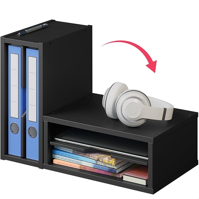 Ballucci File Organizer, 2-Tier Document Paper Sorter, Stackable Wood Desk Organizer Mail Holder, Monitor Stand with Storage Shelves, Black - Image 5