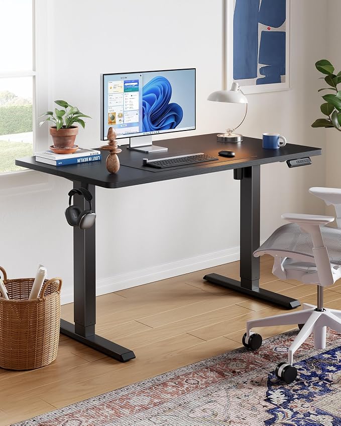 HUANUO 55x27 Inch Electric Standing Desk, Height Adjustable, Black | 176 Lbs Capacity, Smooth Home Office Desk, 4 Memory Presets & Headphone Hooks, 28.3–46.5 Inch Height Range, Easy to assemble - Image 2