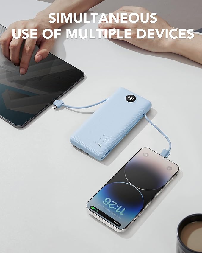 VRURC Portable Charger, Power Bank Built-in Cables and AC Wall Plug | USB C Power Bank 10000mAh, Travel Essentials Phone Charger Compact External Battery Pack For Smart Phones, Tablets etc-Blue - Image 7