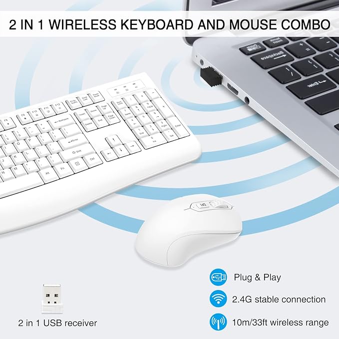 Wireless Keyboard and Mouse Combo, Full-Sized 2.4GHz Wireless Keyboard with Comfortable Palm Rest and Optical Mouse for Windows, Mac OS PC/Desktops/Computer/Laptops (White) - Image 3