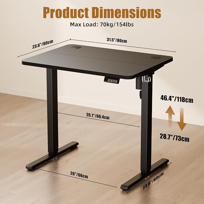 Small Standing Desk, 32"x24" Height Adjustable Sit-Stand Office, Black | Electric Adjustable Standing Desk, Sit to Stand Computer Office Desk with Splice Board, Memory Preset, Lifts 28.7''-46.5" - Image 3
