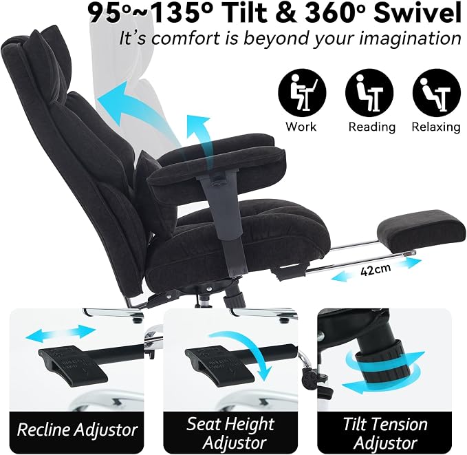 Efomao Executive Office Chair 400lbs, Black Fabric Big and Tall Desk Chair | Breathable fabric, pocket spring & foam seat, retractable footrest, 135° recline for computer gaming setup - Image 6