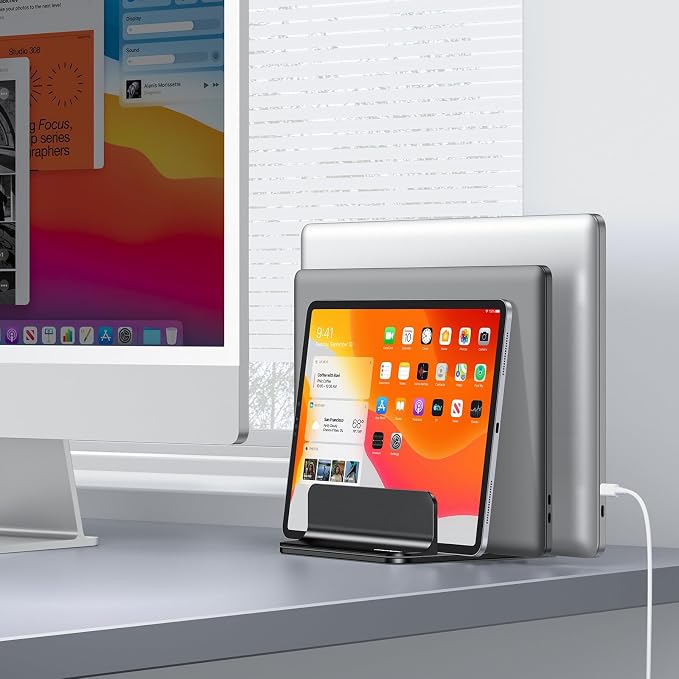 OMOTON 3-Slot Multiple Vertical Laptop Stand, Fits All MacBook, Black | Adjustable Width 0-1.38", Aluminum Office Space-Saving for Desk, Fits MacBook/Book/iPad Up to 17.3in - Image 8