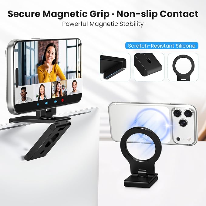 Itramax 360° Continuity Camera iPhone Webcam Mount for iMac&Desktop Monitor | Magnetic PC Phone Webcam Holder Stand,Metal Rings,for MagSafe iPhone 17 16 15 14 13 12 11 XR XS,Apple TV,Studio Display,Black - Image 3