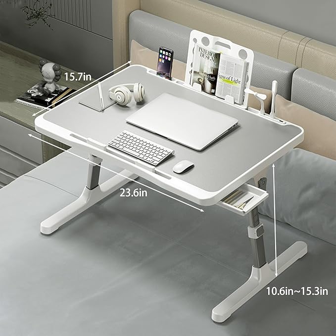 Laptop Desk for Bed, Adjustable Beds Table | USB Charge Port, Foldable Lap top Table with Storage Drawer, Portable Laptops Bed Desk Tray for Eating Working - Image 2