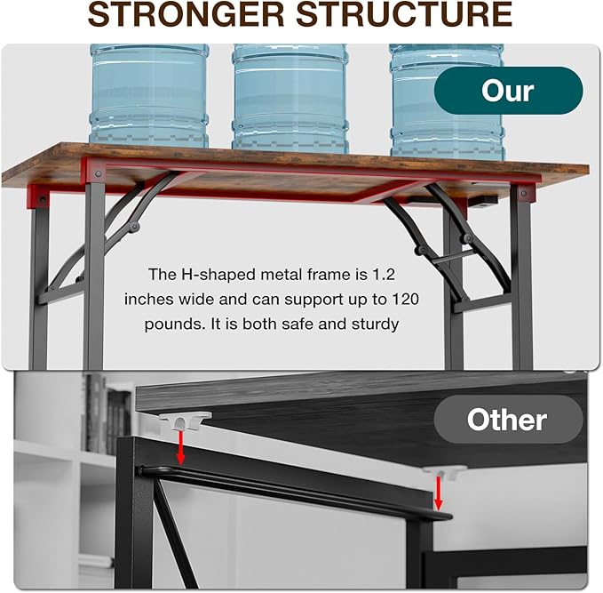 1TEMI Long Computer Desk Folding Table - No Assembly, Compact 55.1" Foldable Desk with Power Outlets & USB Charging Port, Portable Lagre Office Desk, Ideal Large Study Table for Narrow Spaces, Brown - Image 6