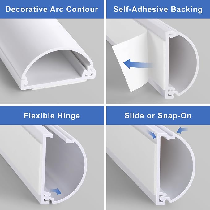 ZhiYo 34in Cord Hider for 2-4 Wall-Mounted TV Wires, 1.4" W x 0.7" H, White | Split-Hinge Design for Easy Installation, Half-Round Glazed Finish Ideal for Wall/Baseboard, Self-Adhesive, 2 Pack (17" Each) - Image 4