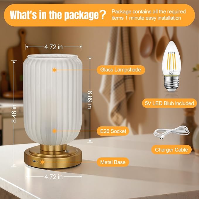 LightRound Cordless Table Lamp for Bedroom, Touch Stepless Dimmable | 7500mAh Rechargeable Battery, Matte Glass Shade, Brushed Gold Base, Bulb Included, Modern Wireless Lamp for Desk, Living Room - Image 6