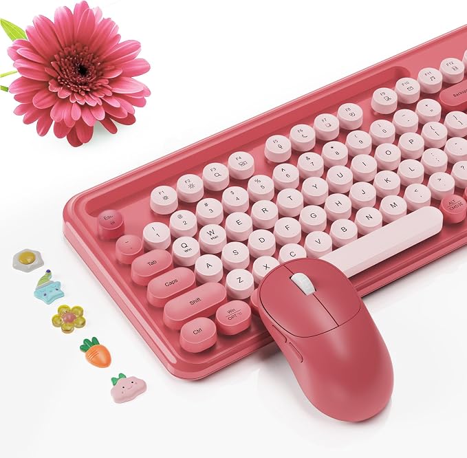 Wireless Keyboard and Mouse Combo, Retro Round Keycaps, Full-Size Stylish Typewriter Keyboard with Large Phone/Tablet Holder, 3-Level DPI Ergonomic Mouse, 2.4GHz Cordless for Windows PC, Rose Pink | Full-Size Retro Typewriter-Style Keyboard, Tilt Legs,... - Image 9