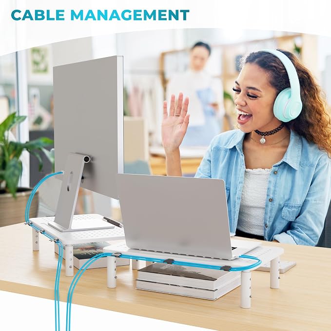 BONTEC Monitor Stand for Desk 2 Pack, 3-Level Height Adjustable, White | 14.5 x 9.1 in Ergonomic Metal Computer Stand with Pen Holder & Cable Management for Printer, Laptop and Office Workstation - Image 9