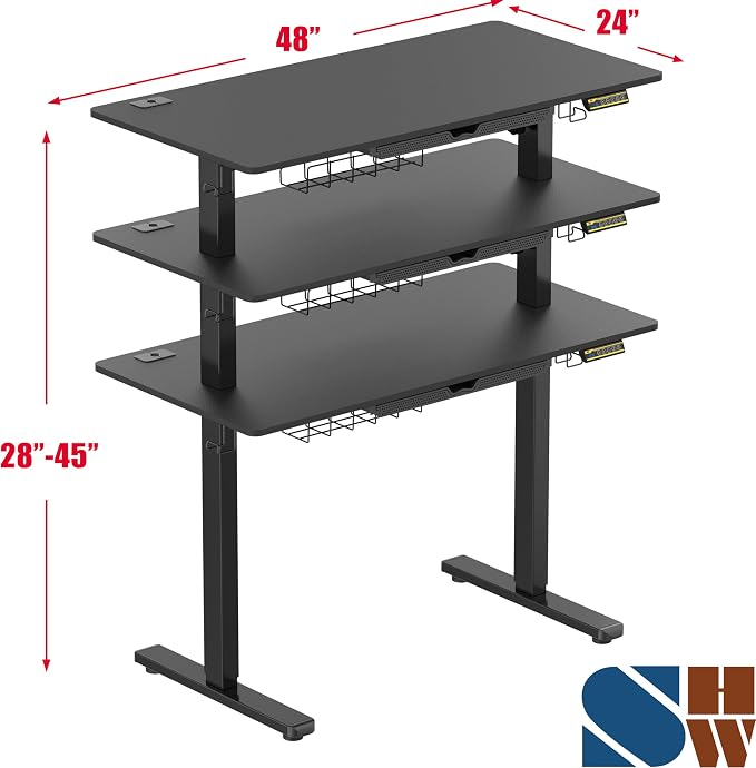 SHW 48-Inch Electric Height Adjustable Standing Desk w/Drawer, Black | w/ Memory Presets and Cable Management | Drawer with adjustable compartments | Hanging Hooks - Image 3