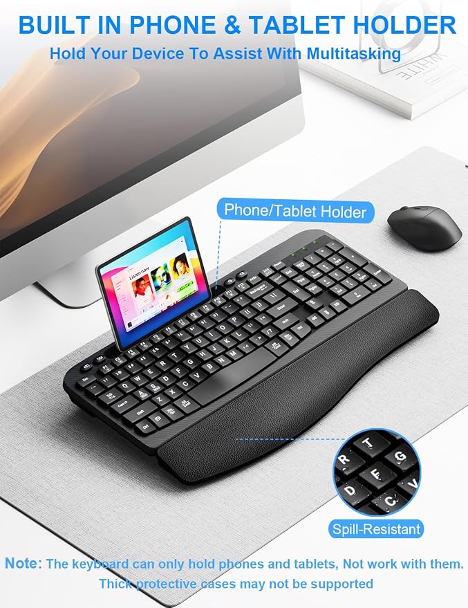 Hayyiesh Ergonomic Wave Keys Wireless Keyboard and Mouse Combo, Full Size with Memory Foam Wrist Rest & Phone Holder, 2.4G Cordless Set with USB-C Adapter for Windows Mac Desktop Laptop (Black) - Image 8