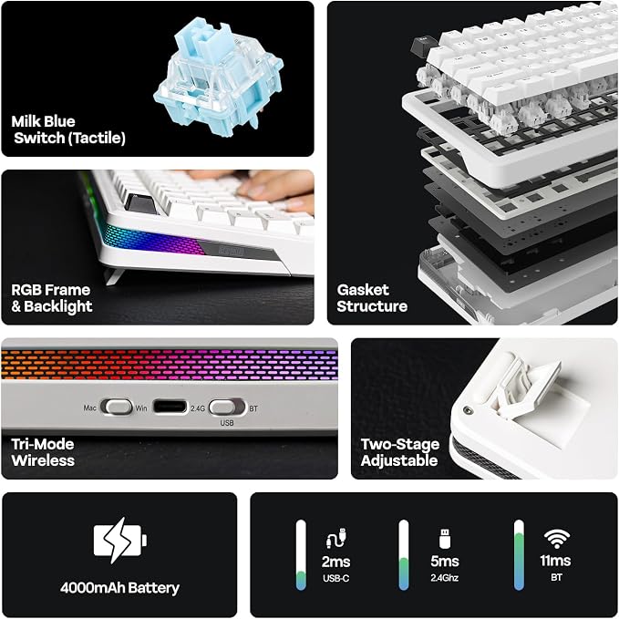 EPOMAKER TH85 QMK/VIA Wireless Gaming Keyboard, BT5.0/2.4GHz/USB-C | Hot-Swap Pre-lubed Custom Milk Blue Tactile Switches, Gasket Creamy Keyboard for PC/Mac/Office/Gaming (White) - Image 2