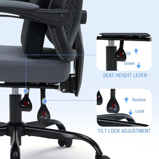 Ergonomic Office Desk Chair with Foot Rest - Adjustable Lumbar Support & Headrest, 90-160° Reclining Mesh Back Computer Chair - Home Office/Gaming for Adults, 400lbs Capacity (Gray) - Image 3