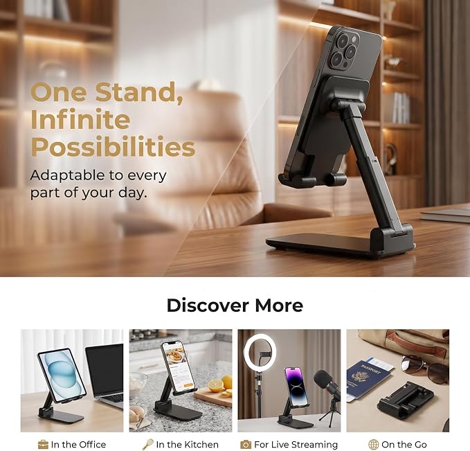 Phone Stand for Desk Cell Phone Holder Stands for iPhones, Black | Mini, Cute, Portable, Fully Foldable, Under 8" Devices, All Smart phones, Office Accessories - Image 2