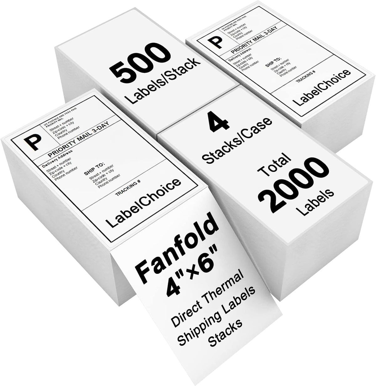 2000 Labels 4 x 6 3-Proof Commercial Grade Fanfold Direct Thermal Labels Compatible with Zebra, Rollo, Munbyn, 4 Stacks White Perforated Permanent Strong Adhesive Mailing Shipping Labels by LabelChoice