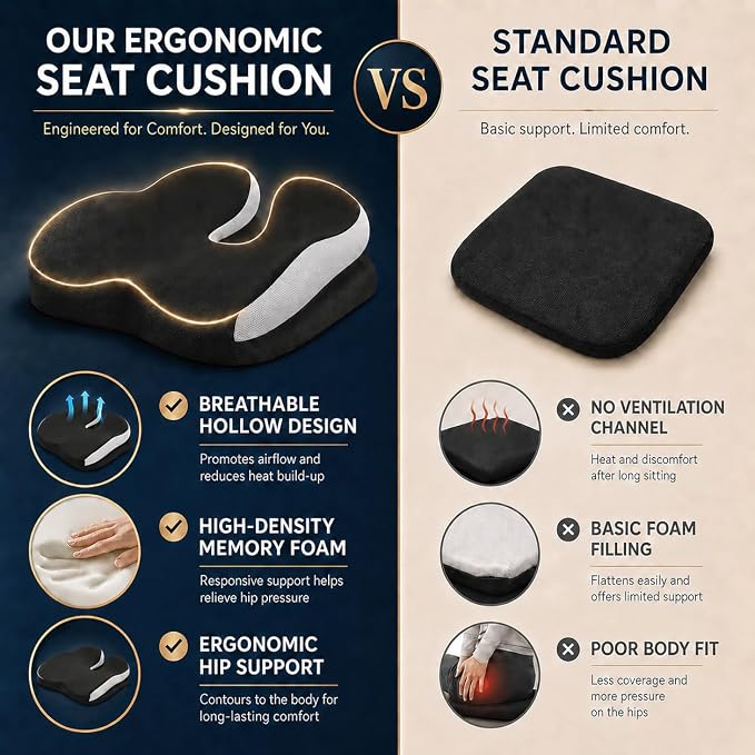 Memory Foam Ergonomic Seat Cushion for Office Chairs Pain Relief | Suitable for prolonged sitting, relieves tailbone pain, fits office chairs, wheelchairs, car seats and computer desk chairs - Image 5