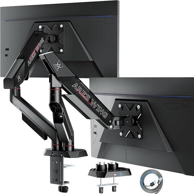 ARES WING 17-35 Inch Heavy Duty Dual Monitor Arm with USB, Black | Fully Adjustable Monitor Mount for Flat Curved Ultrawide Screens Up to 26.5lbs, C-Clamp & Grommet Base, 75/100 Vesa Mount by ARESWING