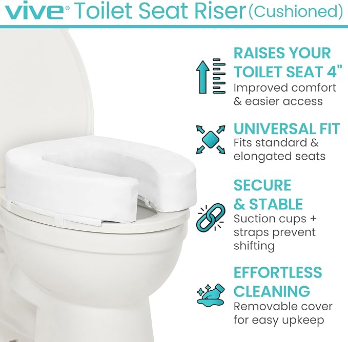 Vive Toilet Seat Riser Cushion for Seniors - Fits All Toilet Seats | Raised Toilet Seat with High-Density Foam for Elongated & Standard - Cushioned & Padded - Elevated Medical Handicap Lifter - Image 3