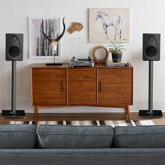 PERLESMITH Universal Floor Speaker Stands for Surround Sound up to 22 lbs | Bookshelf Speaker Stand 27.56‘’, 45° adjustable top plate, tool-free assembly, cable management, rubber isolation pads - Image 2