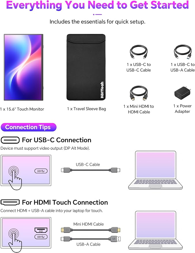 15.6" Portable Monitor Touchscreen, 1080P 10-Point Touch Portable Monitor | 1500:1 USB-C HDMI Travel Screen w/ Sleeve Bag & Speaker, 2nd External Display for Laptop Mac PC Phone Tablet, VESA Mountable - Image 9
